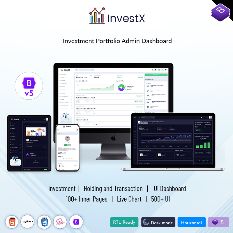 InvestX – Investment Insurance, Mutual Funds Portfolio Admin Dashboard Template
