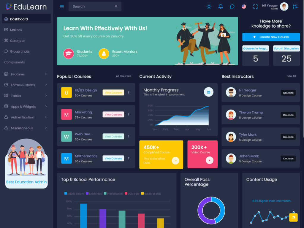 Online Education LMS Dashboard UI framework with Bootstrap 5
