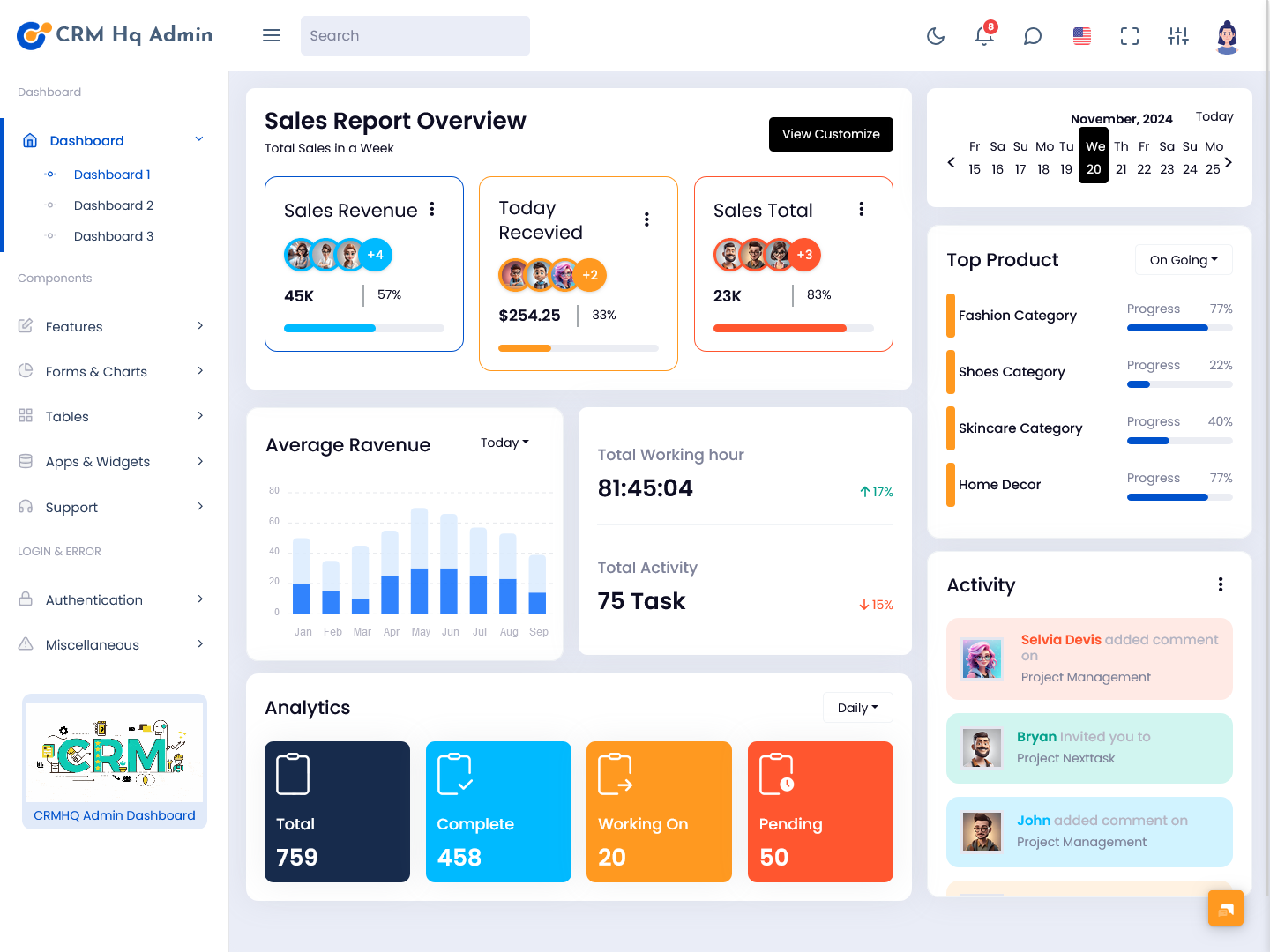 Explore our CRMHq Tailwind CSS Admin Template for CRM management
